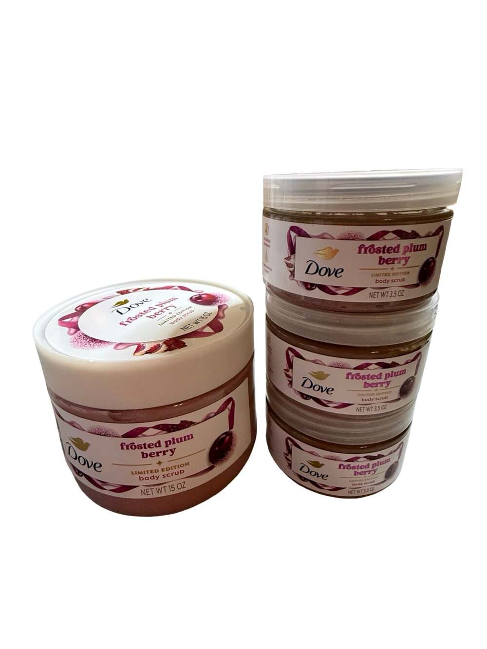Dove Limited Edition Holiday Frosted Plum Berry Body Scrub Set: 1 Large & 3 Mini